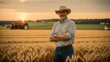 un granjero hombre en pie en un trigo césped campo. generativo ai foto