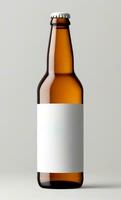 Bottle of beer with white empty label isolated on gray background. AI Generative photo