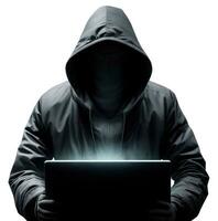 Hacker with laptop hacking computer system isolated on white background. AI generative photo