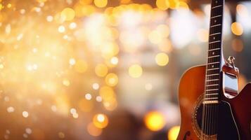 Music bokeh blurred background with guitar with copy space photo