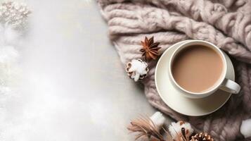 cozy winter background with cup of cocoa with space for text photo