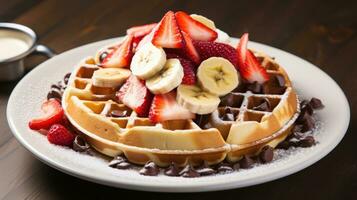 A plate of waffles with sliced bananas, strawberries photo