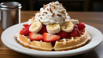 A mouthwatering waffle with sliced bananas strawberries photo
