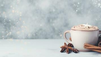 cozy winter background with cup of cocoa with space for text photo