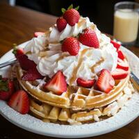 Waffles with fresh strawberries, bananas, and a generous amount of whipped cream photo