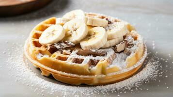 A single waffle with sliced bananas and a dusting of pow photo