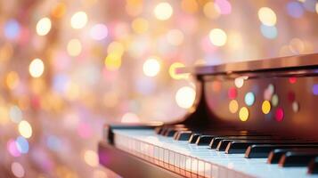 Music bokeh blurred background with piano keyboard with copy space photo