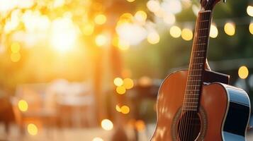 Music bokeh blurred background with guitar with copy space photo