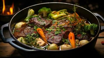 A Delicious Beef Broth with Bone-in Beef, Charred Vegetables photo