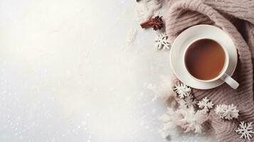 cozy winter background with cup of cocoa with space for text photo