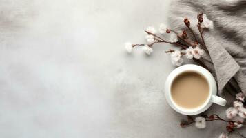 cozy winter background with cup of cocoa with space for text photo