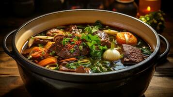 A Delicious Beef Broth with Bone-in Beef, Charred Vegetables photo