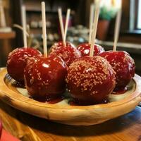 delicioso vidriado rojo caramelo caramelo manzanas en palos foto