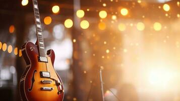 Music bokeh blurred background with guitar with copy space photo