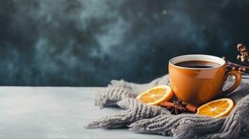 cozy winter background with cup of cocoa with space for text photo
