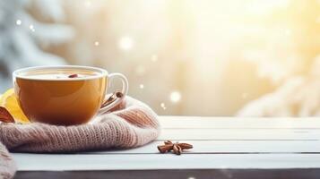 cozy winter background with cup of cocoa with space for text photo