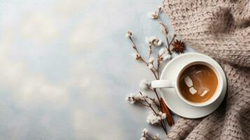 cozy winter background with cup of cocoa with space for text photo
