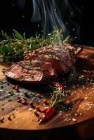 Slow Motion Seasoning Falling onto Grilled Beef Placed on a Wooden Board photo