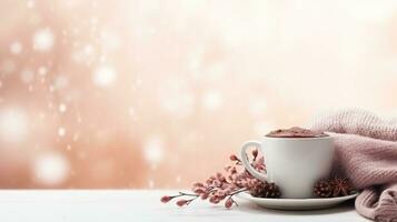 cozy winter background with cup of cocoa with space for text photo
