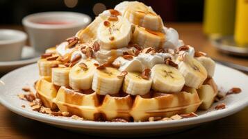 A close-up of a waffle with sliced bananas and whipped cream on top photo