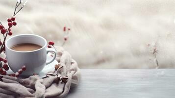 cozy winter background with cup of cocoa with space for text photo
