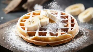 A single waffle with sliced bananas and a dusting of pow photo