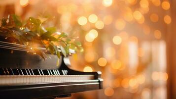 Music bokeh blurred background with piano keyboard with copy space photo