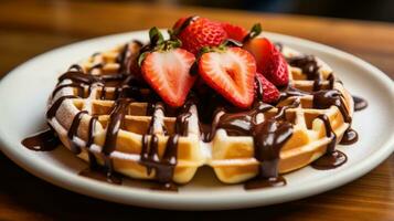 A close-up of a waffle with melted chocolate and fresh strawberries on top photo