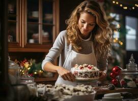 friend woman preparing christmas cake decoration with food in their kitchen photo