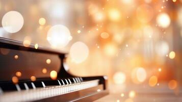 Music bokeh blurred background with piano keyboard with copy space photo