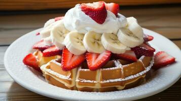 Waffles with fresh strawberries, bananas, and a generous amount of whipped cream photo