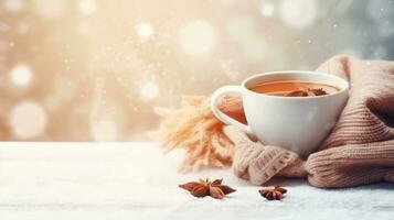 cozy winter background with cup of cocoa with space for text photo