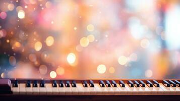 Music bokeh blurred background with piano keyboard with copy space photo