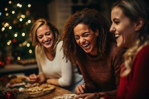 Festive Female Friends Enjoying the Holiday Spirit In a cozy photo