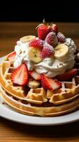 A mouthwatering waffle with sliced bananas strawberries photo