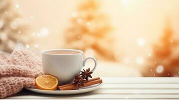 cozy winter background with cup of cocoa with space for text photo