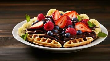 A plate of waffles with fresh fruit and chocolate chips photo