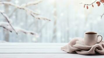 cozy winter background with cup of cocoa with space for text photo