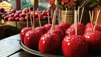 delicioso vidriado rojo caramelo caramelo manzanas en palos foto