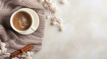 cozy winter background with cup of cocoa with space for text photo