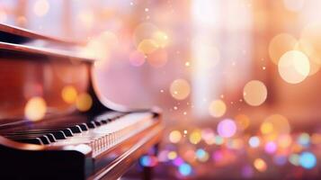 Music bokeh blurred background with piano keyboard with copy space photo