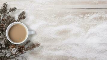 cozy winter background with cup of cocoa with space for text photo