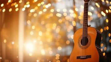 Music bokeh blurred background with guitar with copy space photo