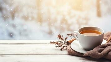 cozy winter background with cup of cocoa with space for text photo