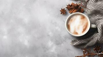 cozy winter background with cup of cocoa with space for text photo