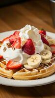 A mouthwatering waffle with sliced bananas strawberries photo