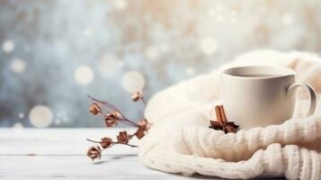 cozy winter background with cup of cocoa with space for text photo