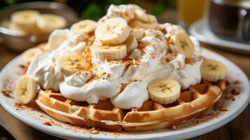A close-up of a waffle with sliced bananas and whipped cream on top photo