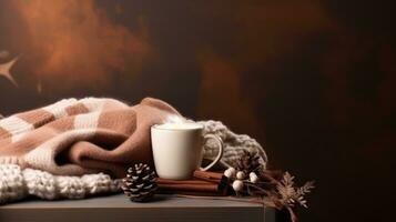 cozy winter background with cup of cocoa with space for text photo