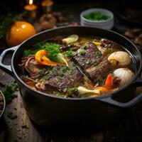 A Delicious Beef Broth with Bone-in Beef, Charred Vegetables photo